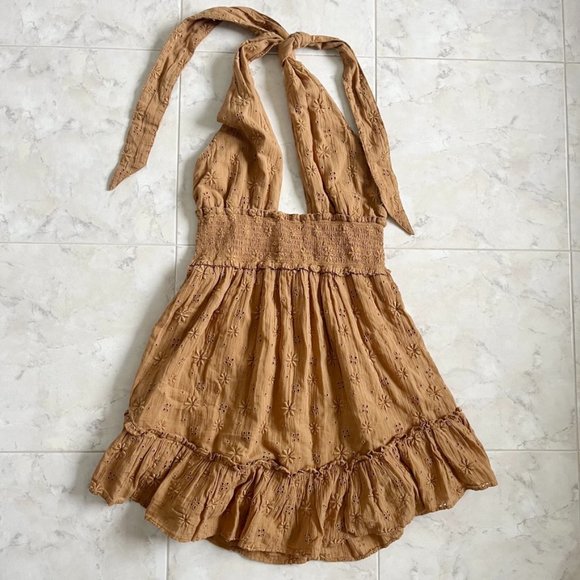 NEW aerie Backless Halter Eyelet Ruffle Mini A-Line Dress Women XS - Picture 1 of 6